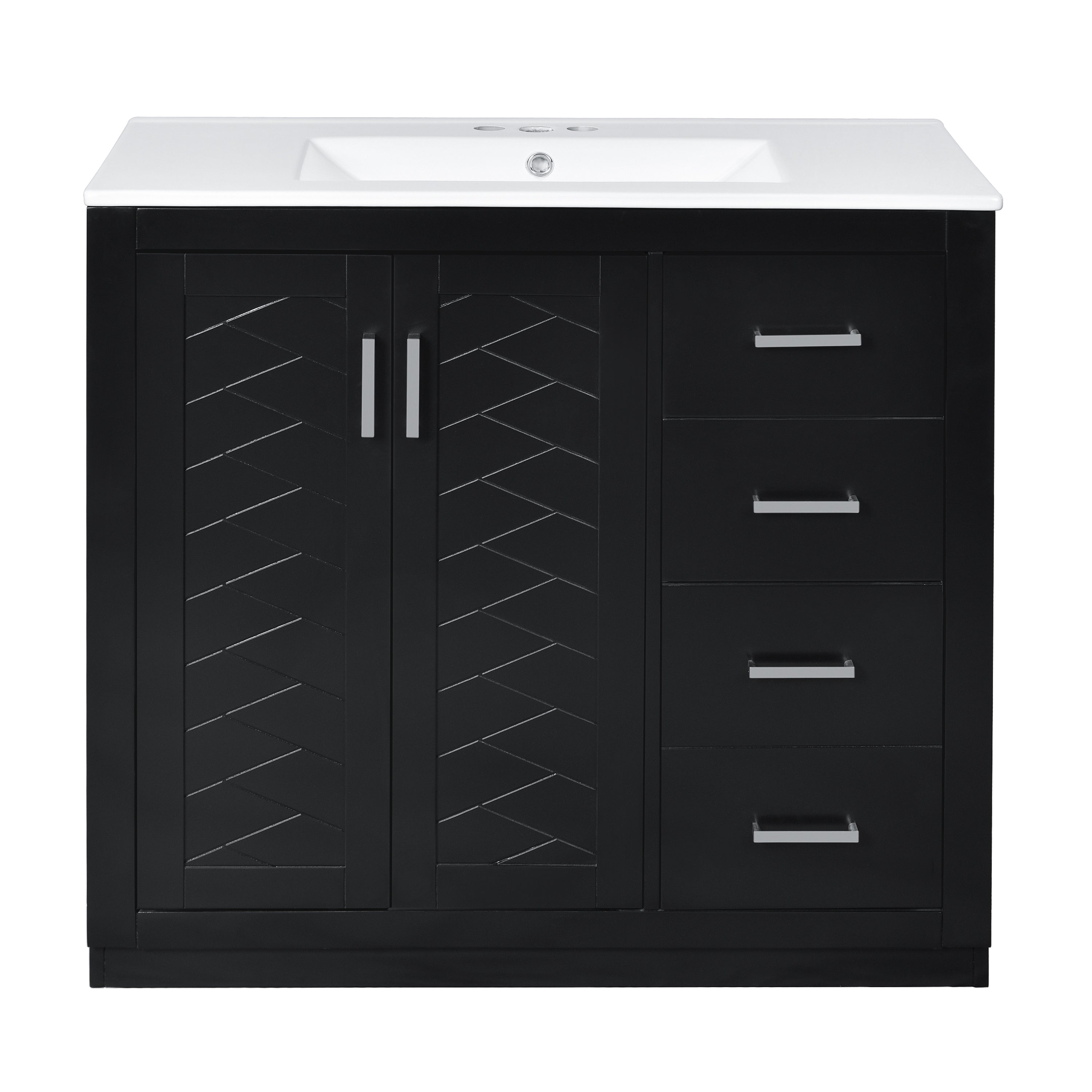 VanityFus 36-in Black Bathroom Vanity Single Sink Combo with Ceramic Top Undermount 2 Soft Close Doors 3 Drawers